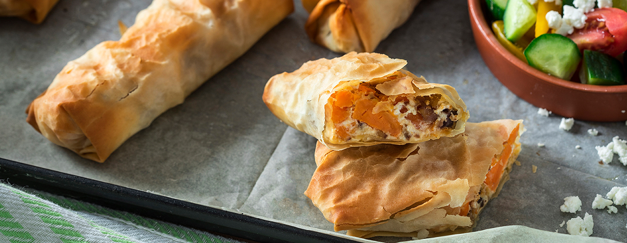 אצבעות פילו אפויות במילוי בטטה, ערמונים וגבינות